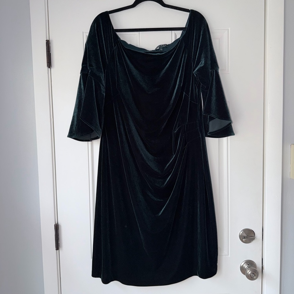 Ralph Lauren size 16 w 16W bottle green velvet dress off the shoulder draped